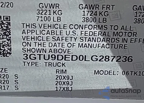 2020 GMC Sierra 1500 z USA, uszkodzony, nr VIN 3GTU9DED0LG287236